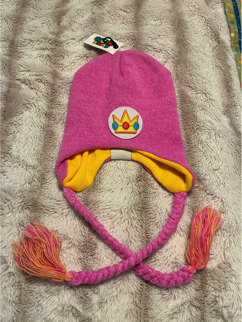 NWT Super Mario Princess Peach Earflap Beanie Hat Pink/Yellow